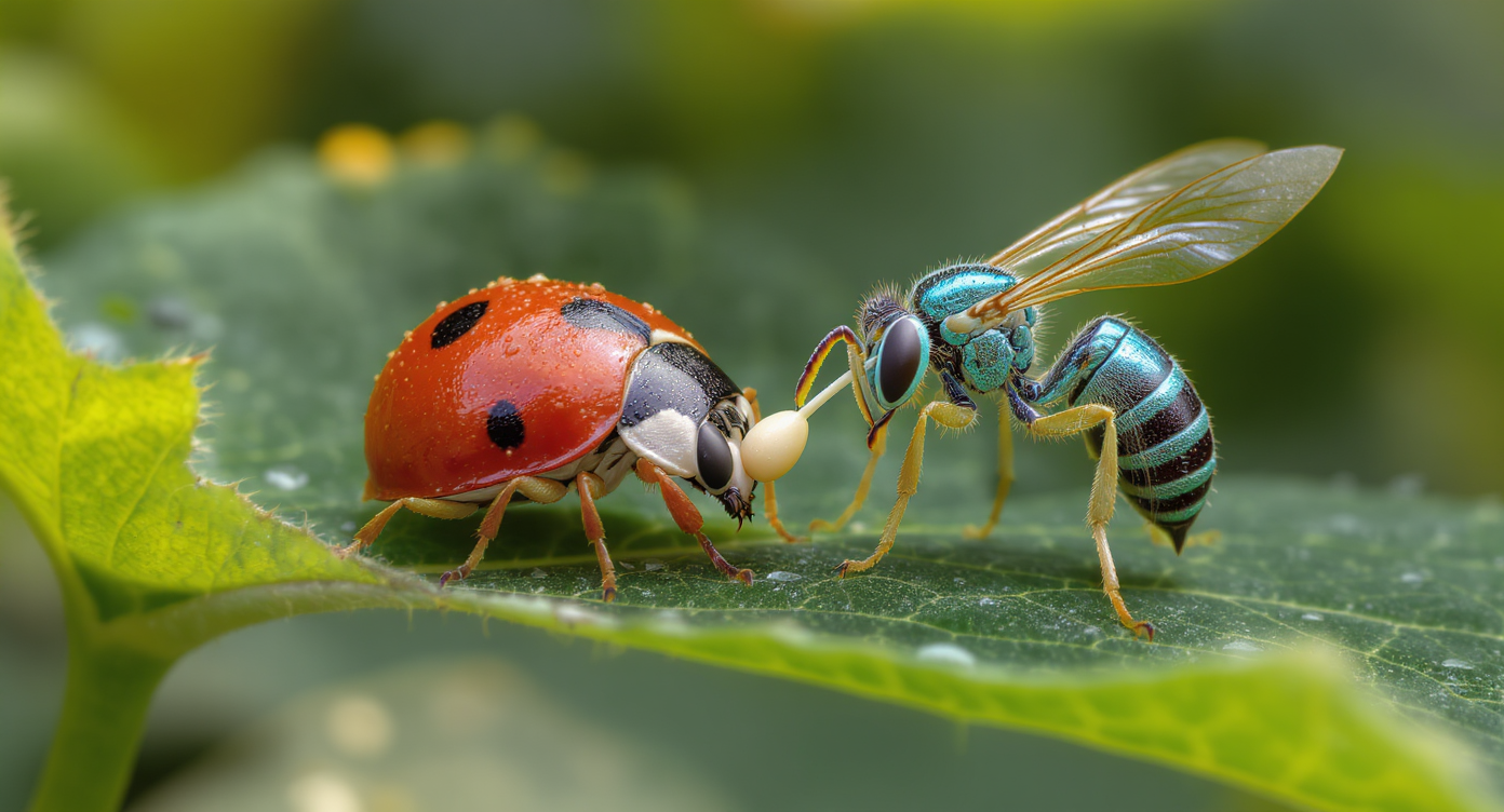 A braconid wasp injects its egg into a living ladybug on a green leaf amid lush garden foliage, depicting their natural interaction.