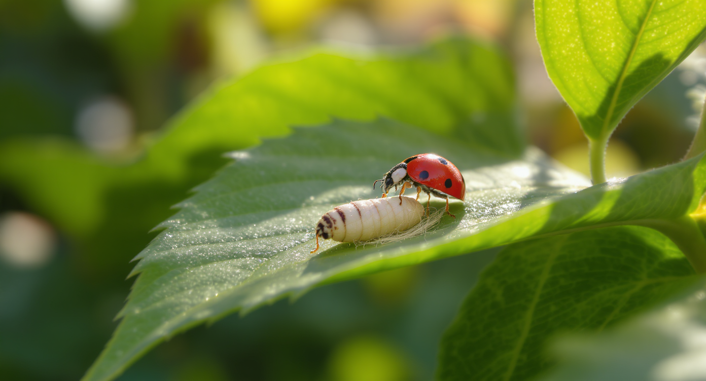 A highly realistic close-up of a ladybug guarding a wasp cocoon on a green garden leaf, surrounded by sunlight and blurred foliage.