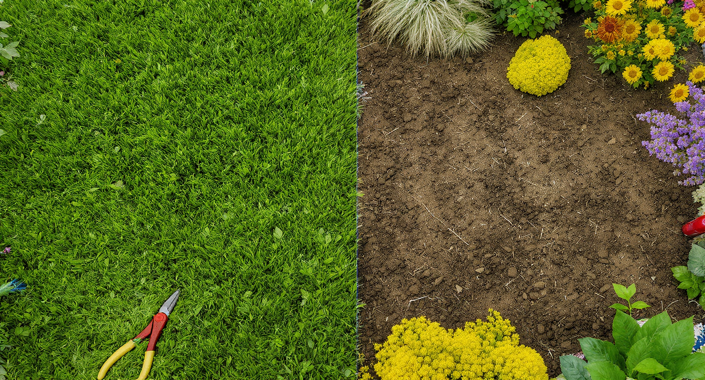 A photorealistic backyard garden scene shows cut leaves, garden pruners, healthy and pest-affected plants, and a tablet displaying a garden simulation.