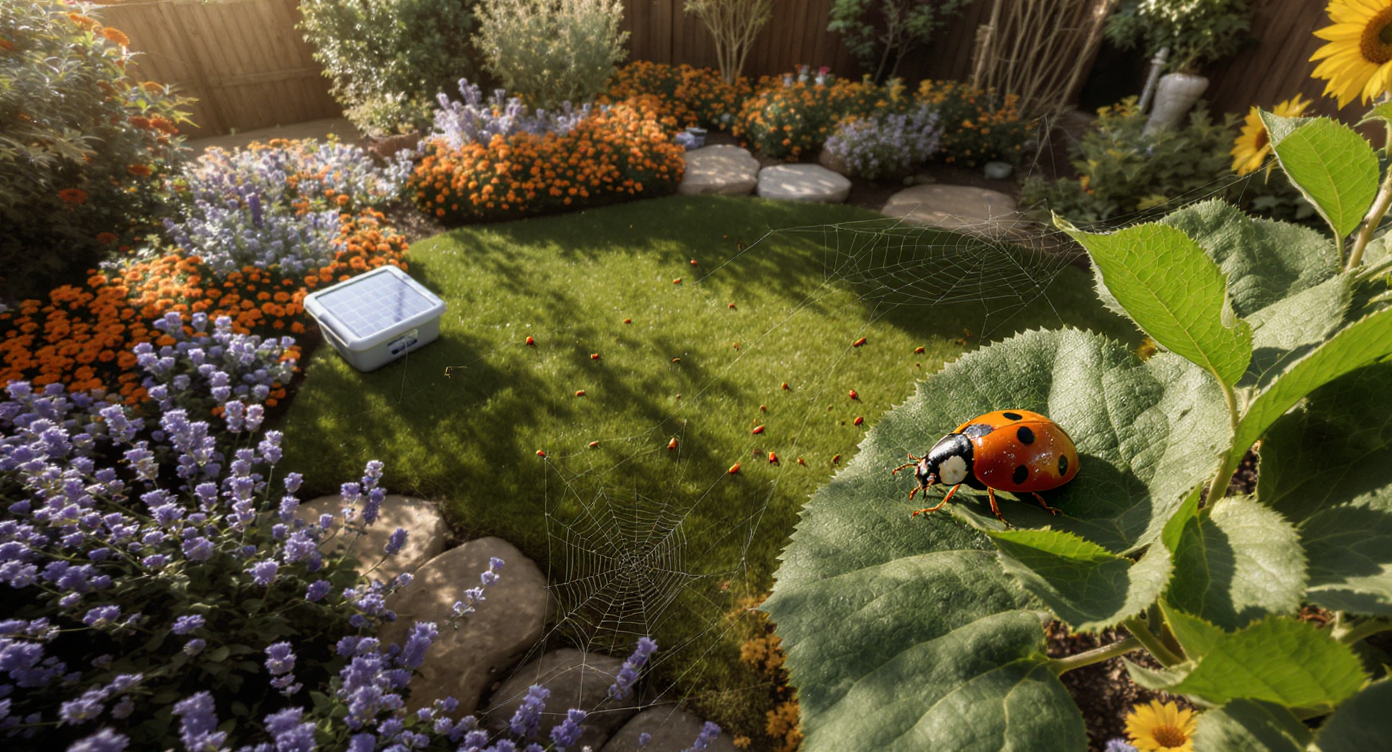 A photorealistic backyard garden with diverse plants, a parasitized ladybug on a leaf, and weatherproof sensors monitoring the environment.