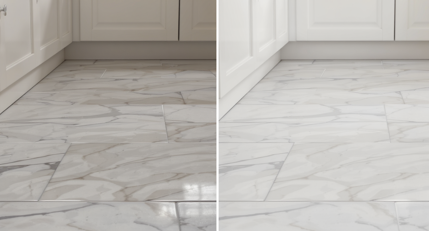 Side-by-side kitchen flooring with green cabinets: wood floor with dropped mug, terracotta tile with broken plate, both showing daily wear.