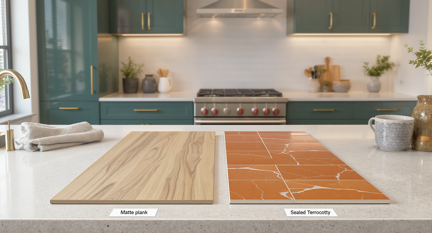 Photorealistic kitchen scene with wood and terracotta floor samples on a counter, green cabinets, and multiple lighting sources to compare finishes.