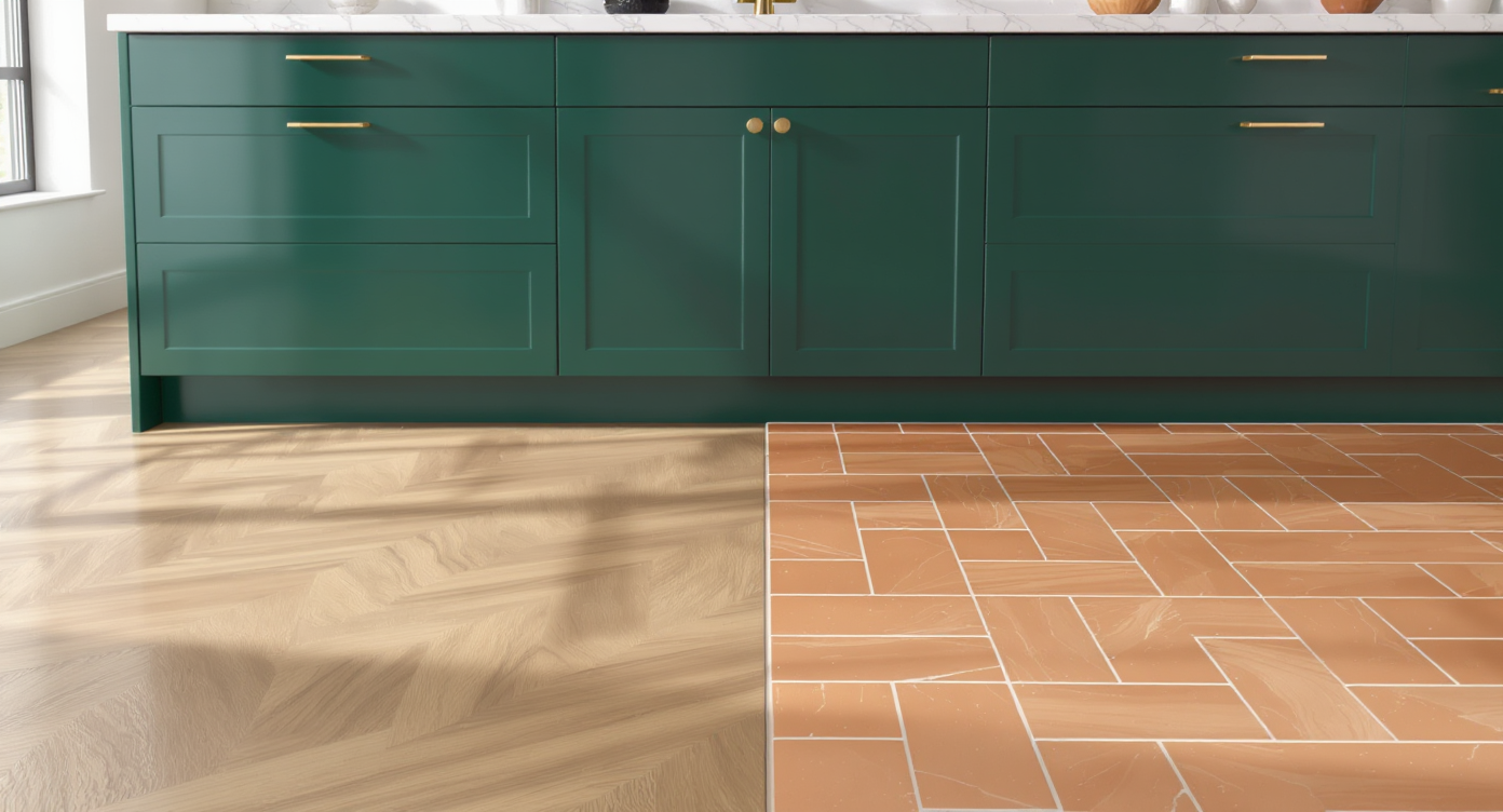 Modern kitchen with green cabinets and marble countertops, half hardwood floor and half terracotta tile, no people, natural daylight highlights textures.