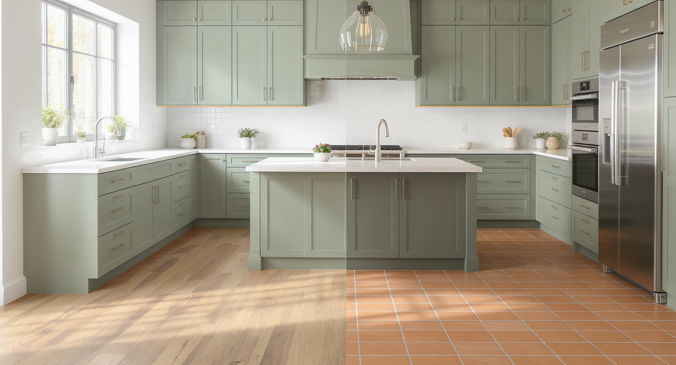 Modern kitchen with green cabinets and a hero floor split: one side warm wood, the other terracotta tile, shown under natural daylight.