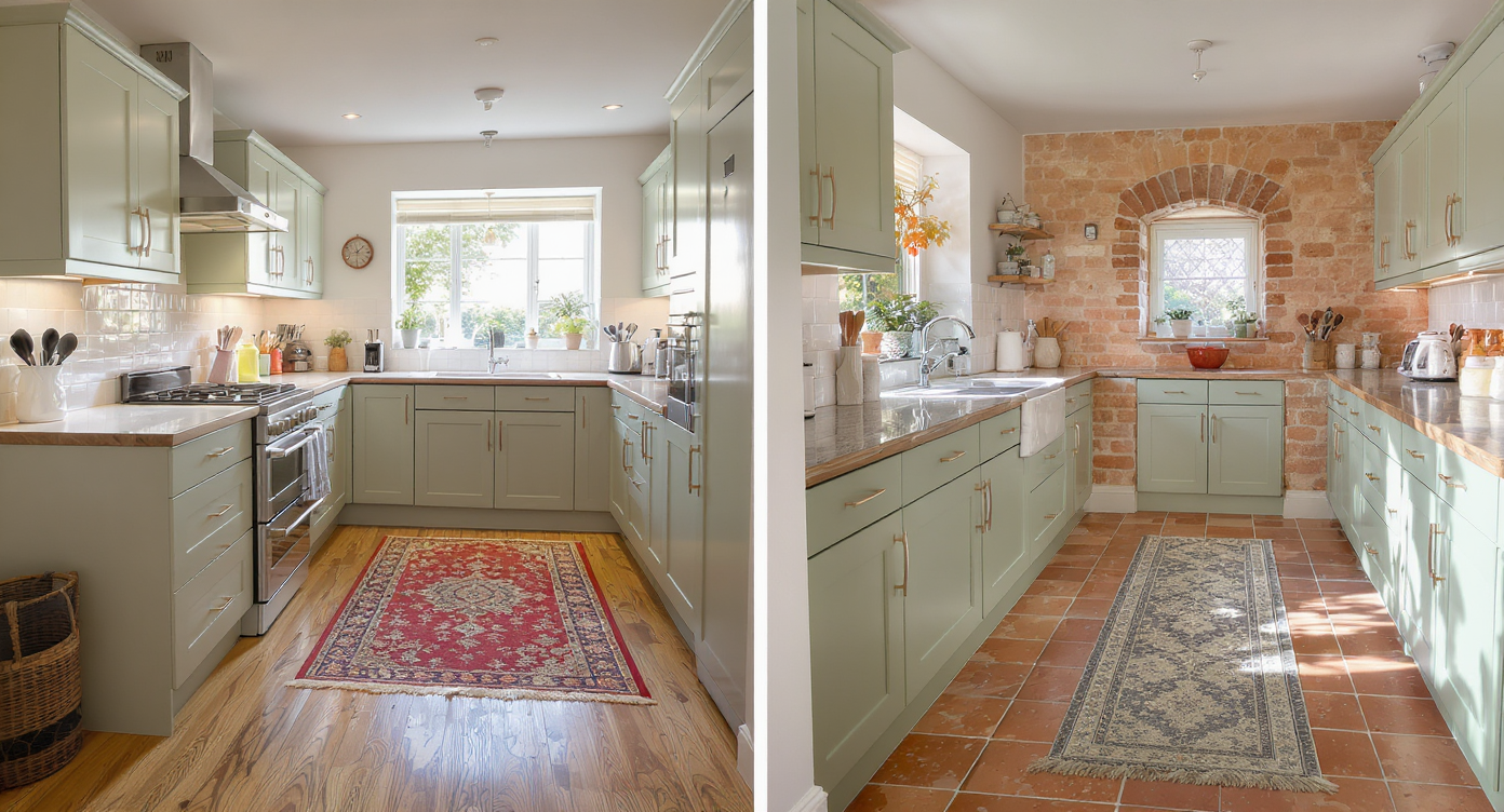 Side-by-side interiors: an open-concept kitchen and living room with matched oak floors, and a historic kitchen with terracotta tile and green cabinets.
