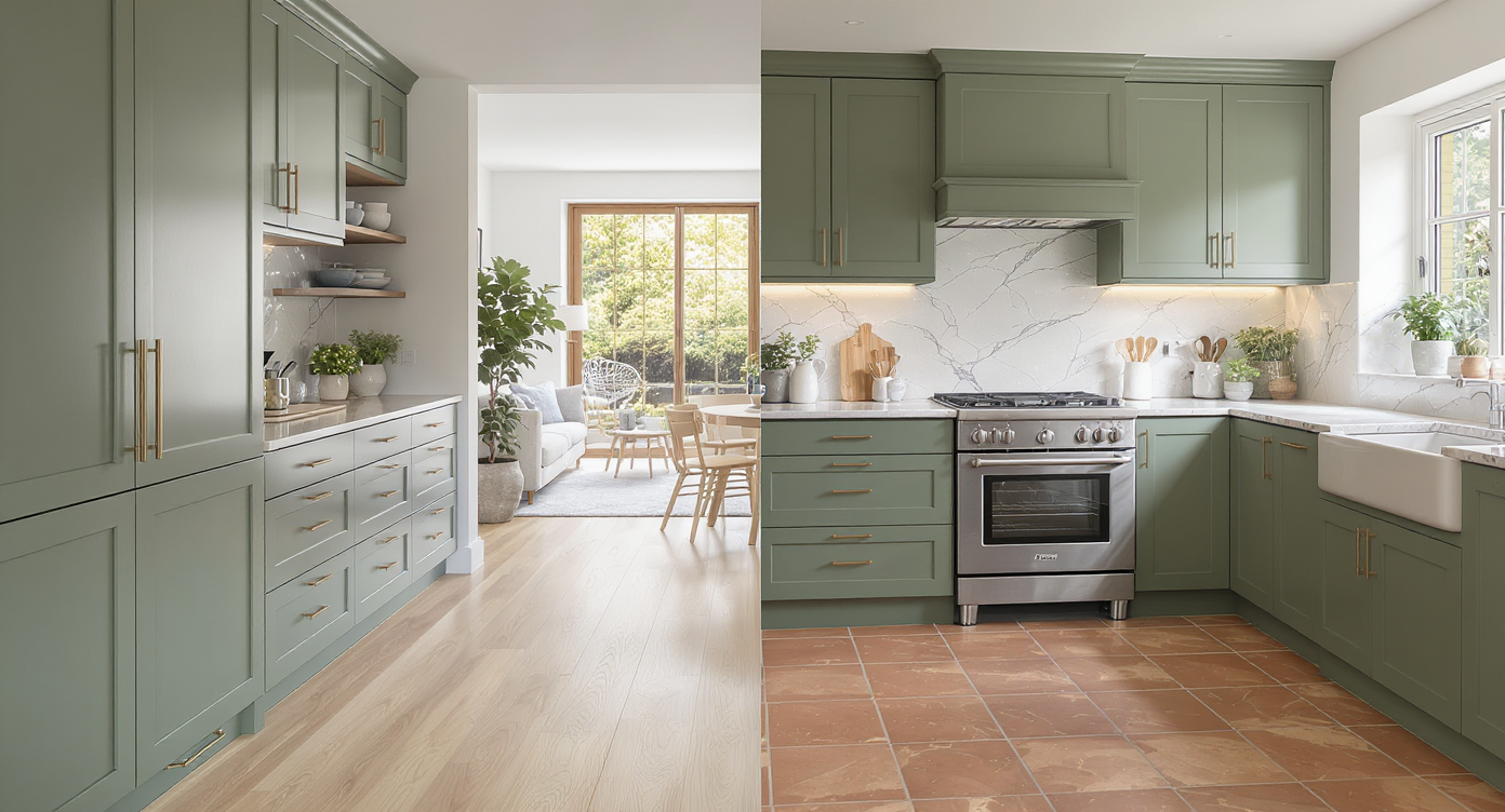 Split-view modern kitchen with green cabinets and marble counters, one half with light wood flooring extending to living space, the other with warm terracotta tiles.