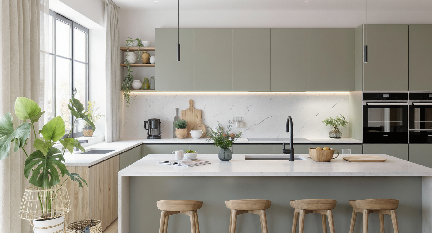 A photorealistic Oslo kitchen featuring soft muted colors, wooden accents, open shelves with plants, and natural daylight for a cozy, modern feel.