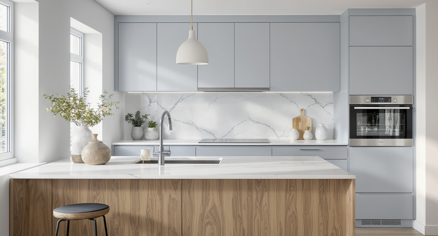 Contemporary Oslo-style kitchen with blue cabinetry, oak accents, leafy plants, and a sunlit, inviting Scandinavian atmosphere. No people shown.