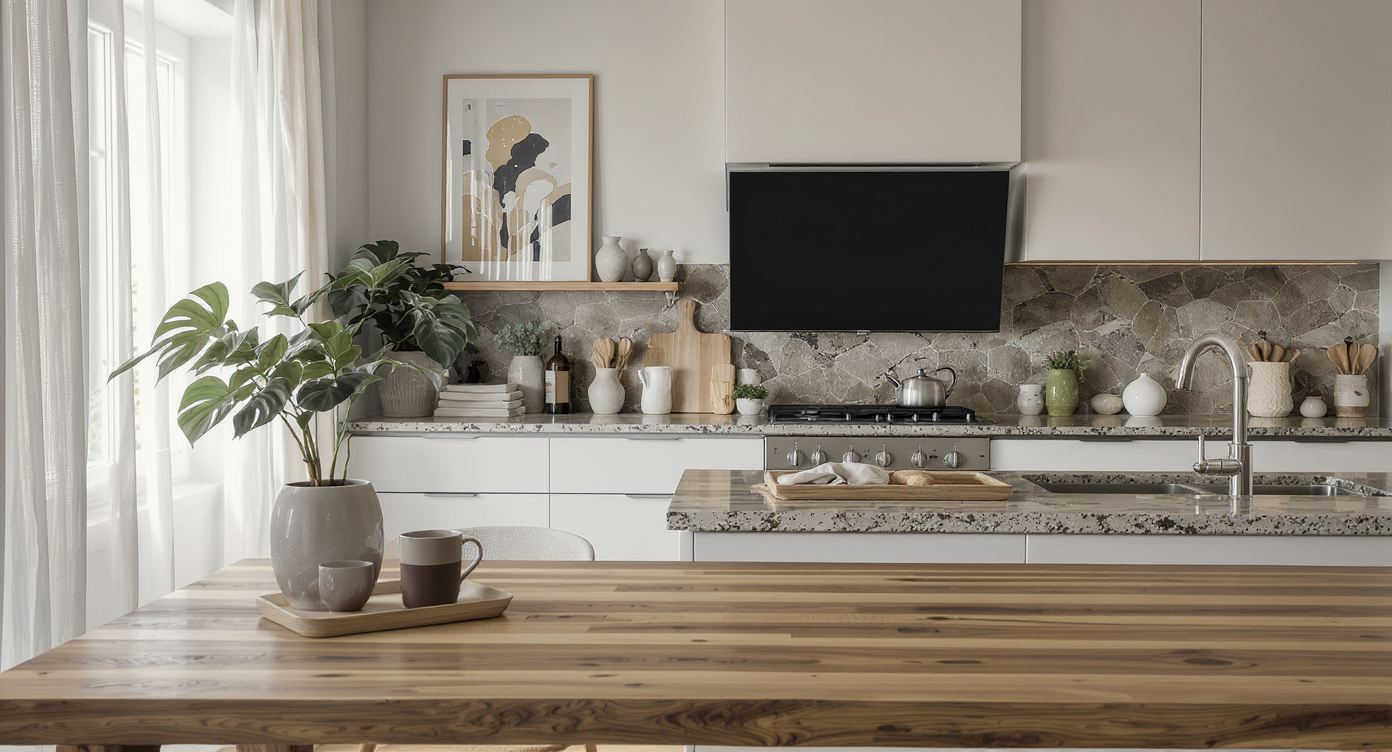 A calm, lived-in Oslo kitchen with natural light, layered tactile materials, greenery on a shelf, and art blending seamlessly into the space.