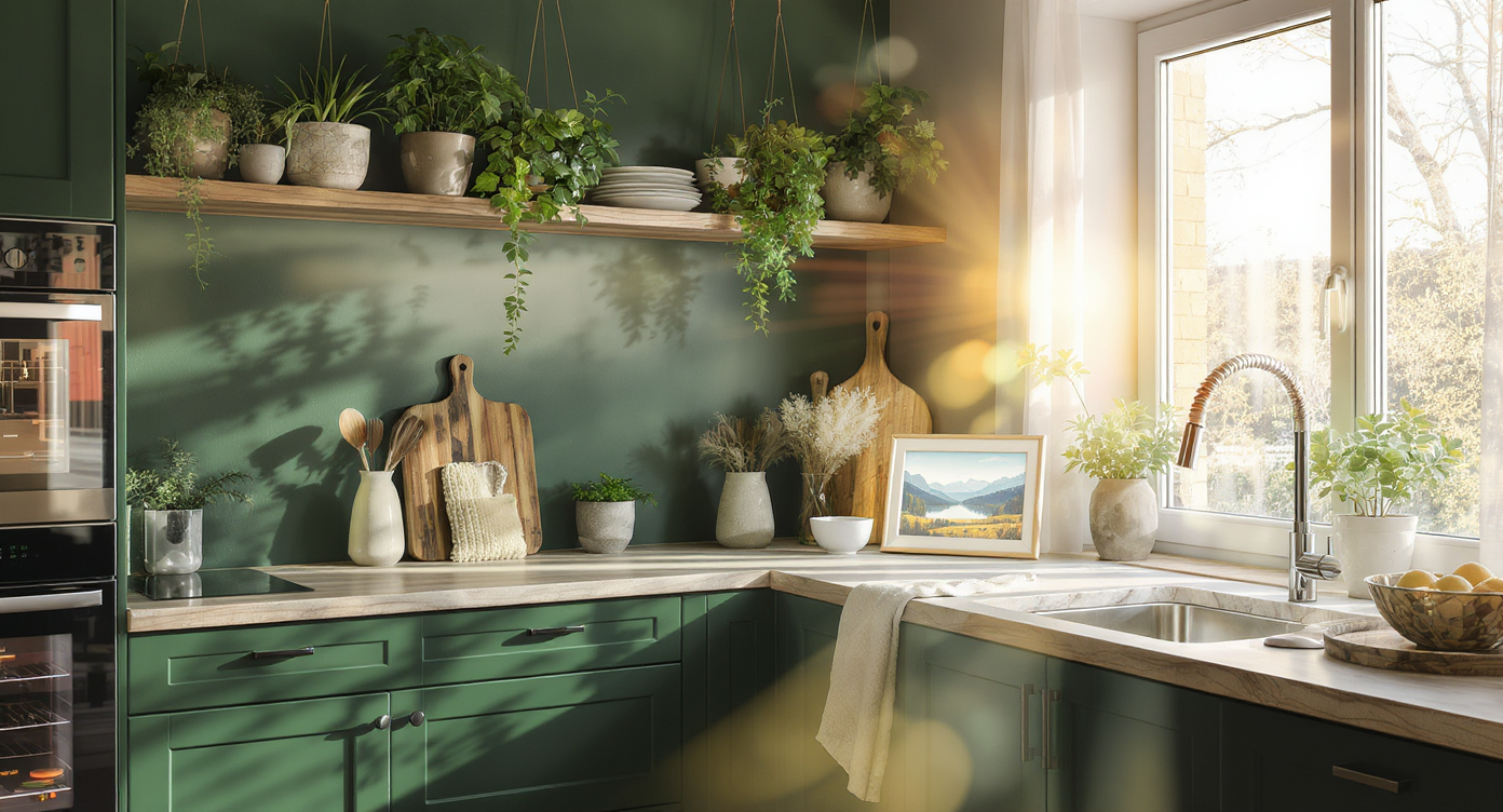 A serene Oslo-style kitchen in morning light, deep green walls, hanging greenery, wood cabinetry, frosted glass, and a digital art frame.