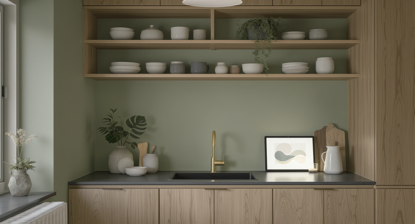 A cozy kitchen nook with green walls, tactile wood cabinetry, open shelves, a visible houseplant, and a digital art display, bathed in sunlight.