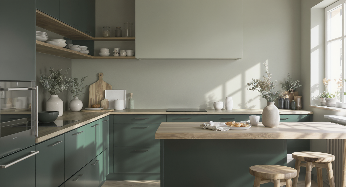 Oslo-style kitchen with muted green walls, deep green cabinetry, light wood accents, greenery, and natural daylight, creating a tranquil space.