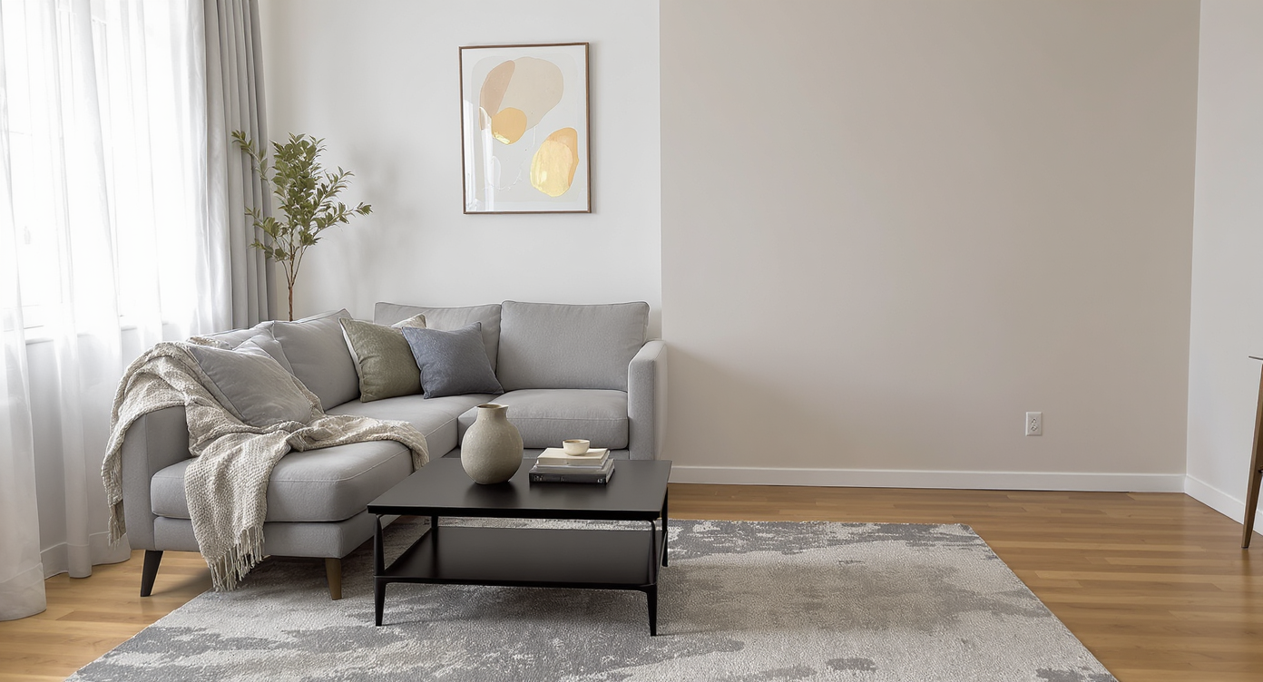 A realistic photo of a modern living room showing a sofa with an awkward, empty space next to it, neatly highlighting unused floor area.