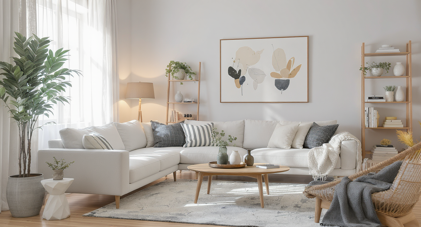 Realistic living room with a stylish sofa and thoughtfully arranged side space featuring a plant, lamp, low shelf, and side table, all sunlit and inviting.