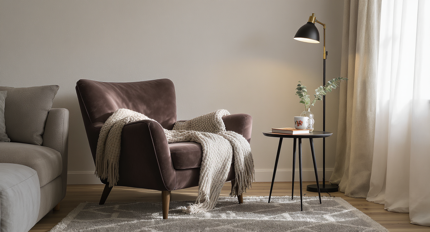 A photorealistic reading nook beside a couch, featuring a comfy armchair, side table, reading lamp, soft rug, and textured throw, in natural light.