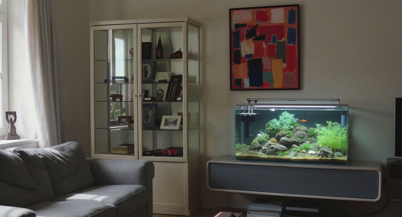 A living room corner shows a glass display cabinet with collectibles, a glowing aquarium with plants and fish, and bold art above a side table.