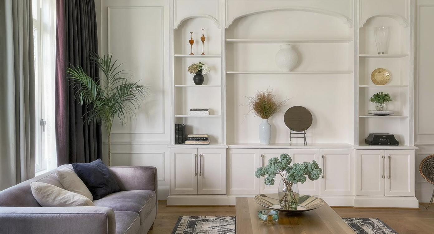 A tall, stylish bookshelf filled with books, collectibles, and records stands next to a couch, subtly dividing a modern living and dining space.