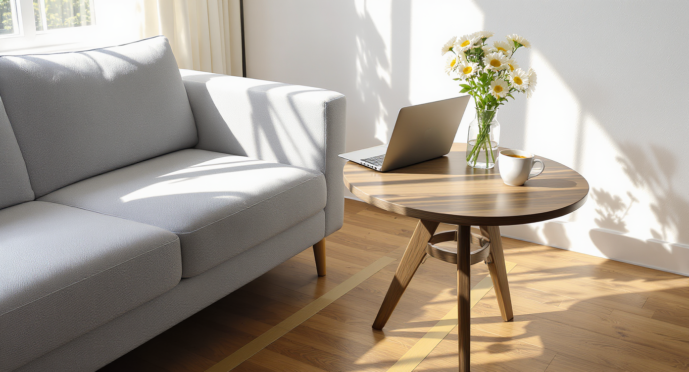 A compact round bistro table with two chairs sits beside a modern sofa, staged for both dining and work, with painter’s tape marking alternate layouts.