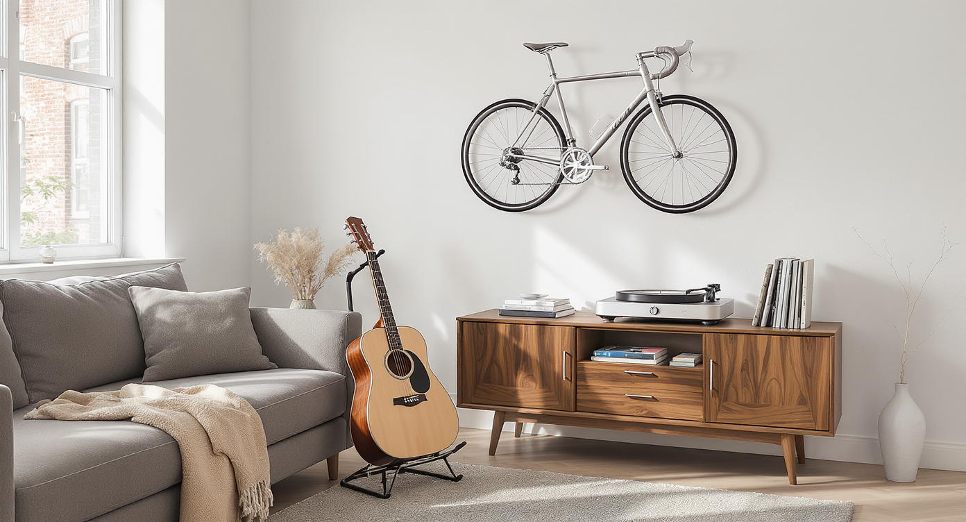 Realistic living room corner beside a sofa featuring a wall-mounted bike, guitar on a stand, turntable console, and vinyl records on display.
