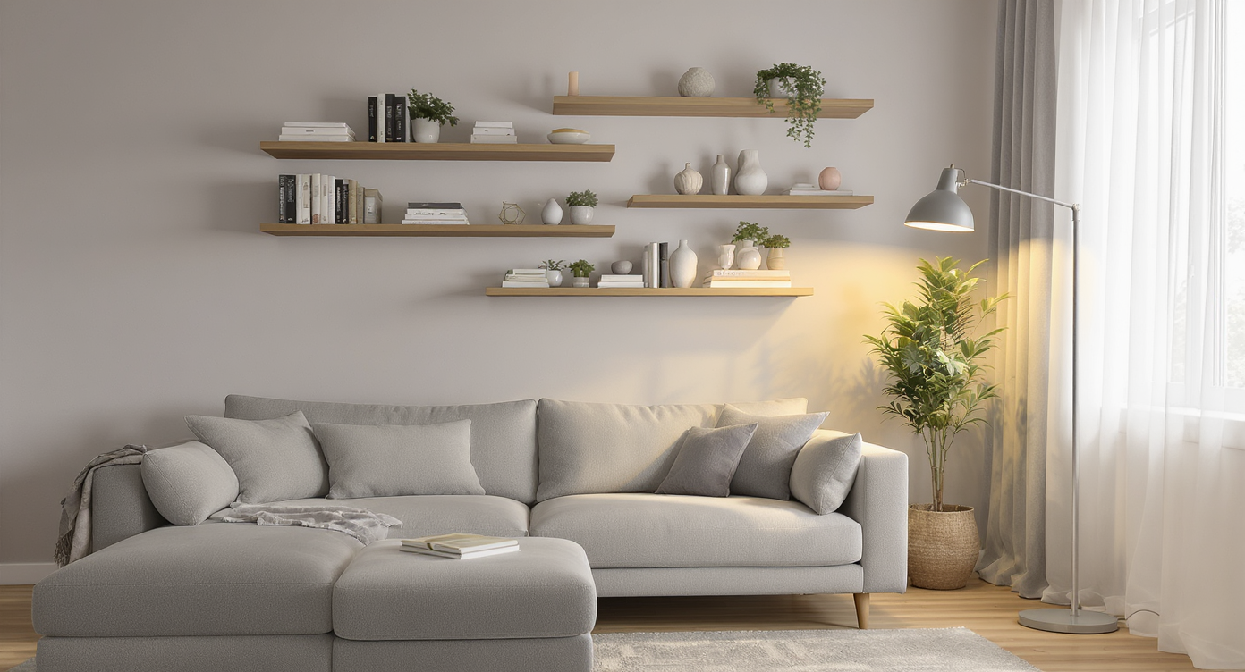 A living room corner beside a sofa with floating wooden shelves holding books and plants, and an adjustable LED floor lamp nearby, all floor space clear.