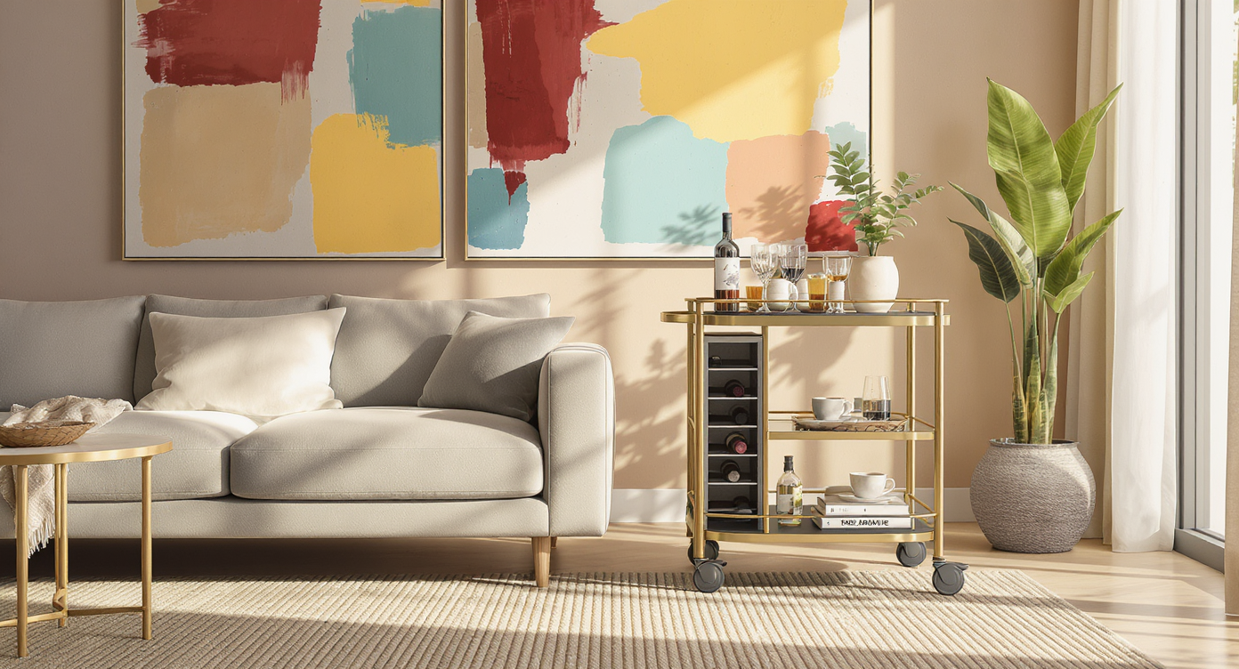 A modern bar cart with bottles and coffee accessories stands beside a sofa. Bold artwork hangs above, creating a stylish, functional lounge area.