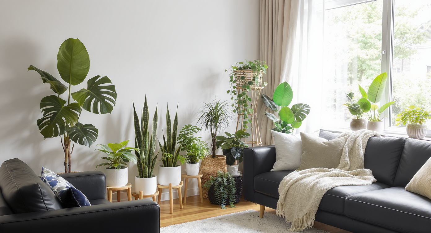 Clustered tall indoor plants—monstera, fiddle-leaf fig, and snake plants—elevated on stands beside a modern couch in a bright living room corner.