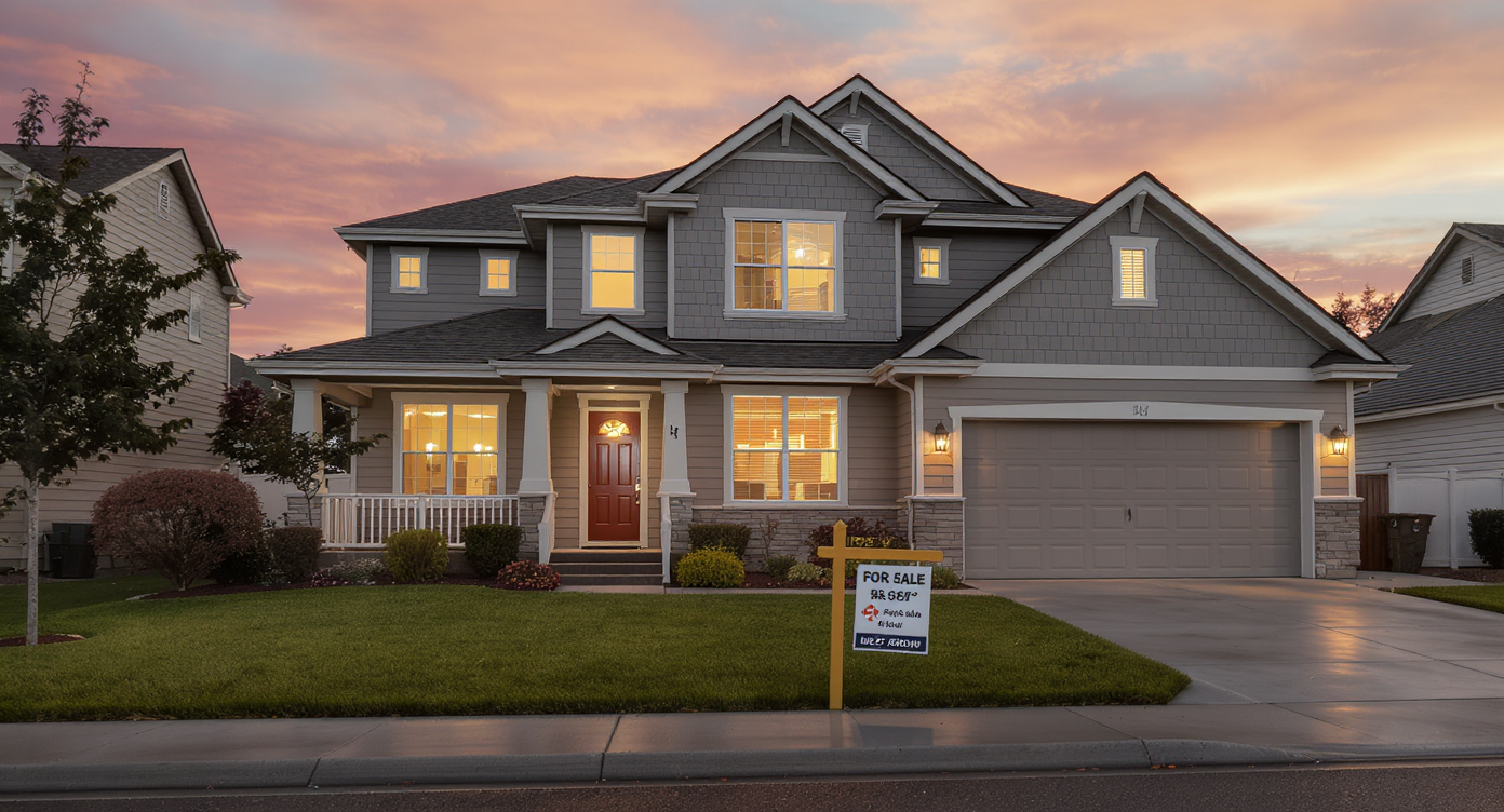Photorealistic exterior of a modern suburban home at sunset with a 'for sale' sign, home-buying paperwork, and keys on the welcome mat.