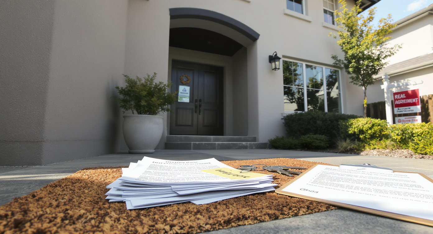 Front porch of a modern house, stacks of offer letters and house keys on the mat, overlooked inspection reports by the walkway, rent-back agreement on door handle.