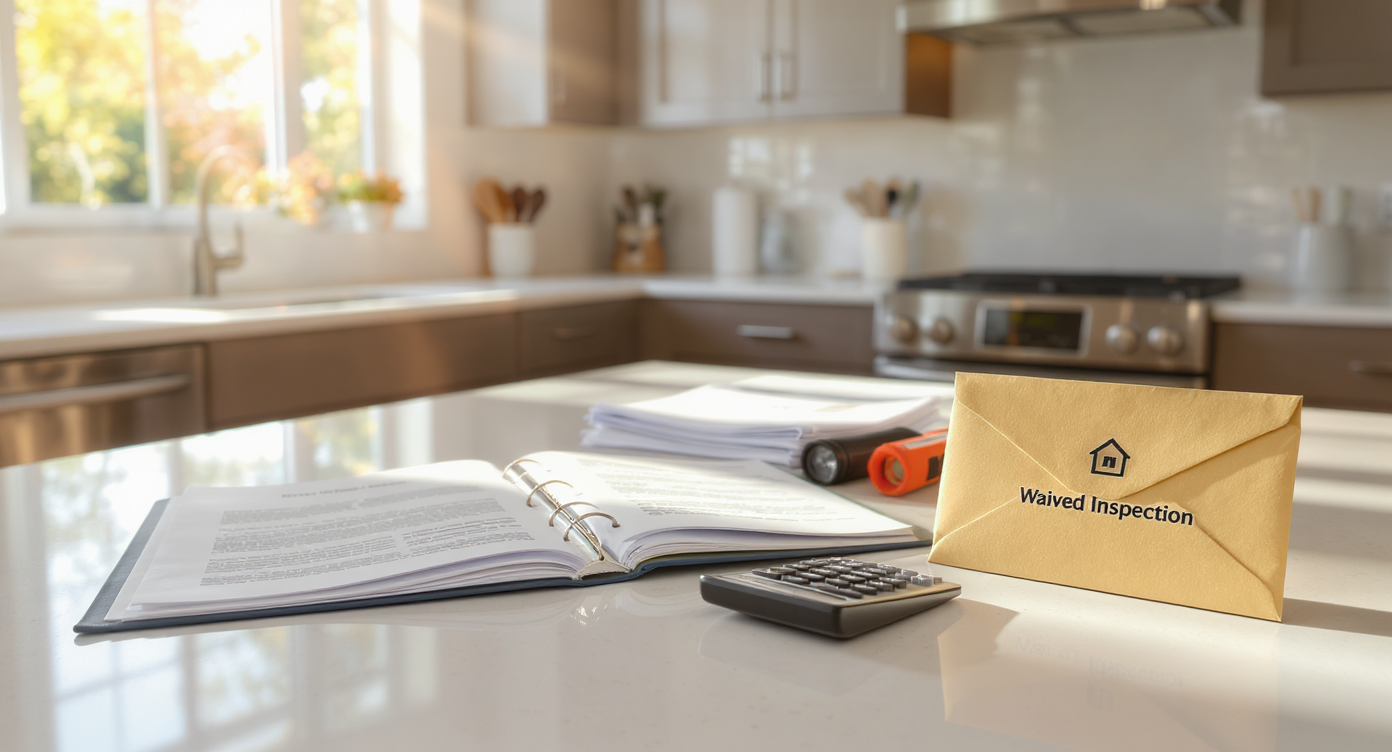 A modern kitchen scene showing home inspection documents, a toolkit, repair invoices, and a sealed waived inspection envelope on the countertop.