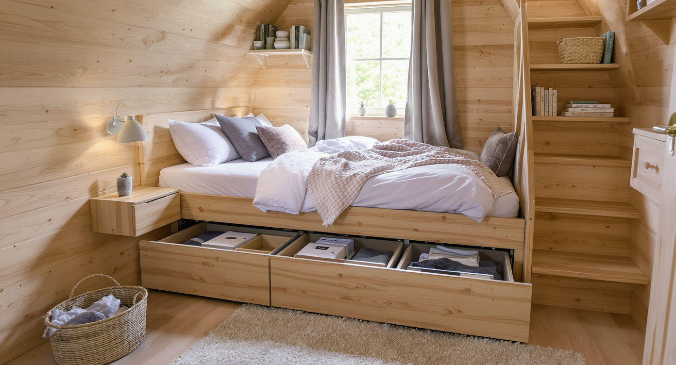 A compact cabin bedroom with an elevated bed featuring built-in drawers, floating nightstands, overhead shelving, and storage stairs in natural wood.