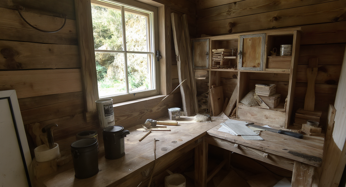 Interior of a compact cabin with reclaimed wood walls, upcycled wood floors, and a workbench made from old doors, filled with DIY tools and materials.