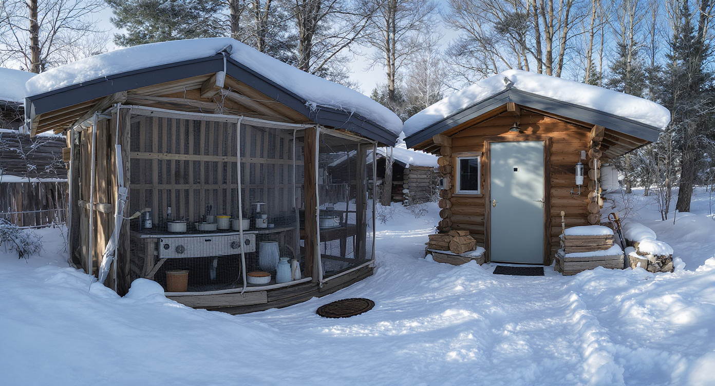 Two small detached cabin structures in snow—one a screened outdoor kitchen, the other a bathhouse—linked by a cleared path, no people visible.