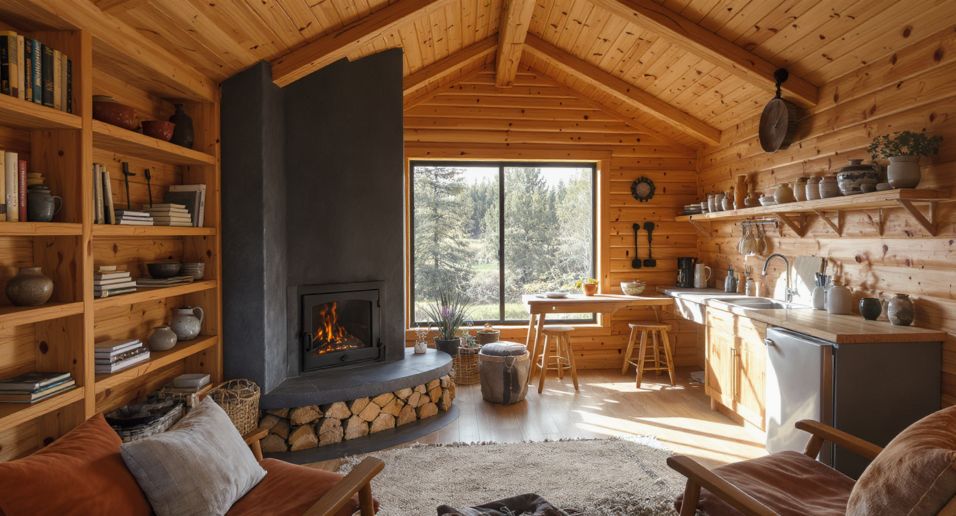 Photorealistic hero image of a compact, modern wood cabin interior showing resourceful storage, cozy décor, and wooded views outside.