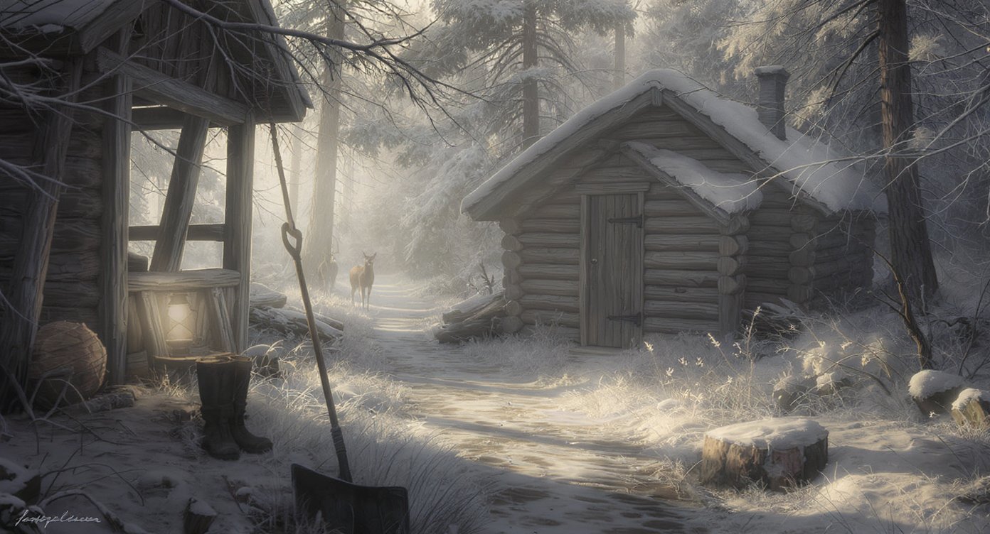 A frosty morning at a forest cabin, with boots, a lantern, firewood, a shovel, and a path leading to an outhouse as a deer watches from afar.