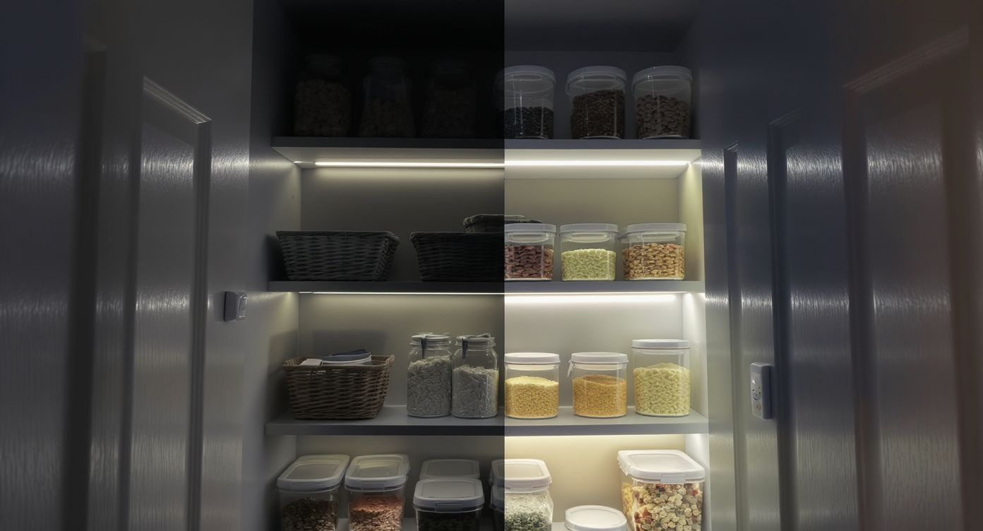 Modern pantry shelves show a clear contrast between shadowy and well-lit areas, featuring visible LED strip lighting and motion sensors.