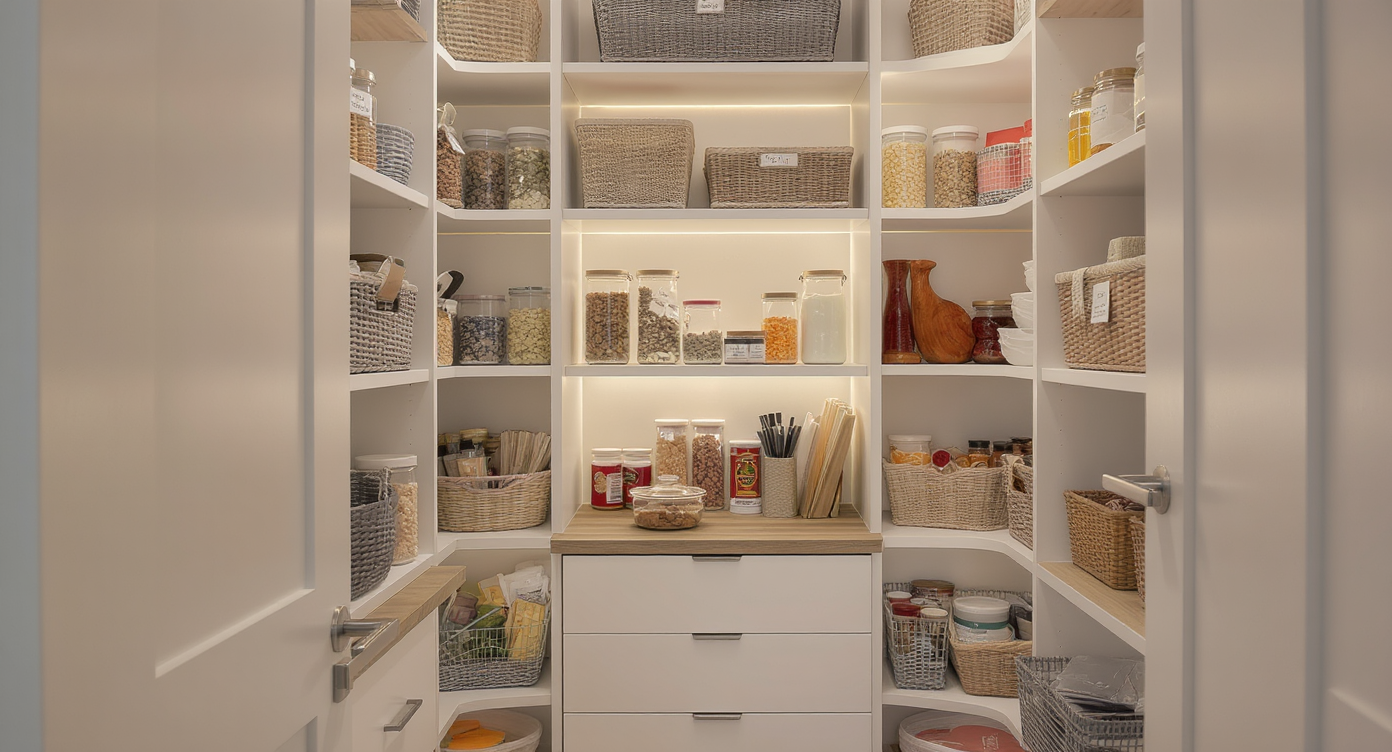 Ultra-realistic modern pantry after a remodel, featuring organized shelves, clear containers, pull-out drawers, baskets, and efficient storage.