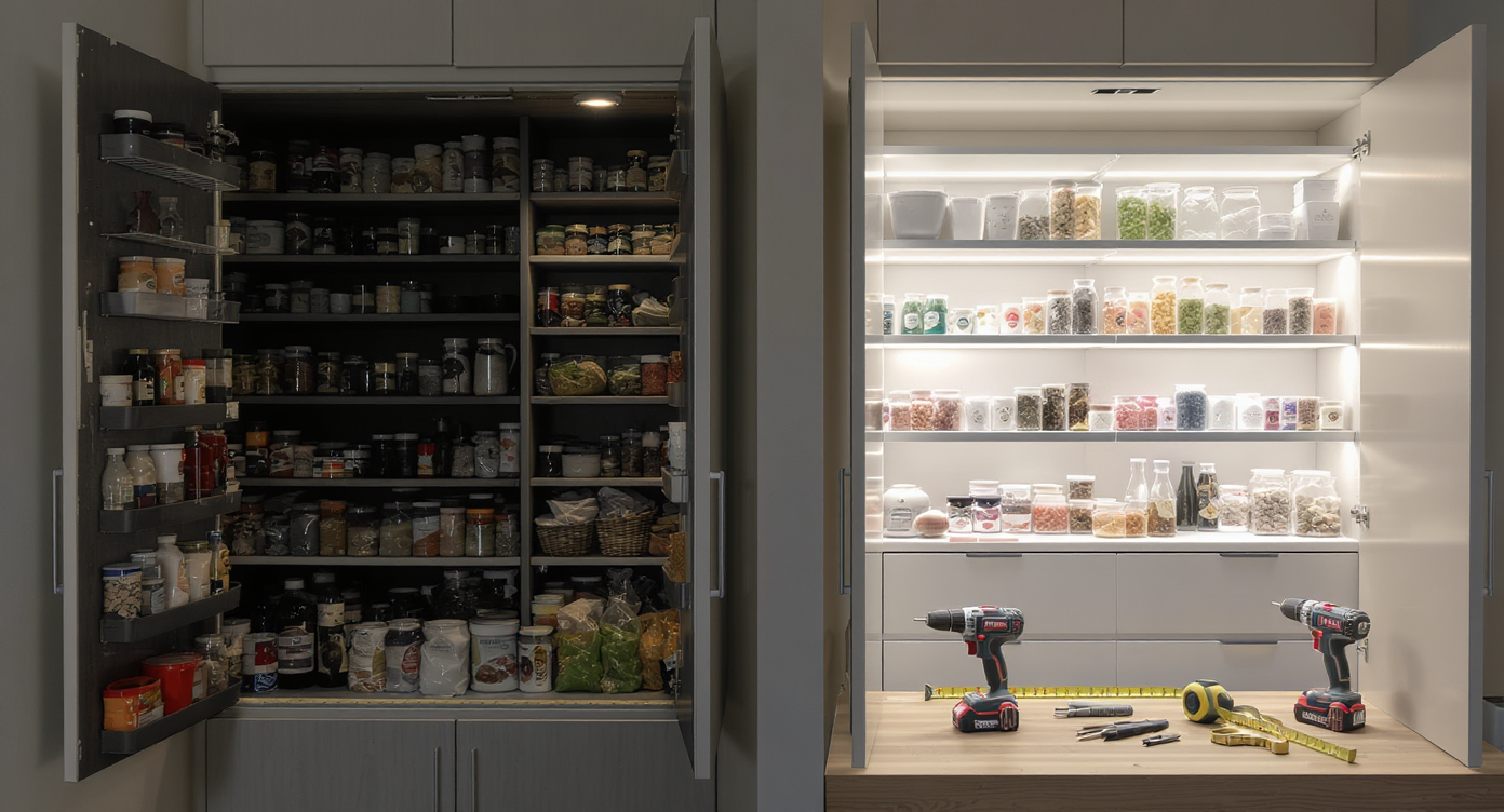 A modern pantry mid-remodel shows crowded deep shelves, wasted space, and poor lighting alongside new efficient shelving and bright, organized storage solutions.