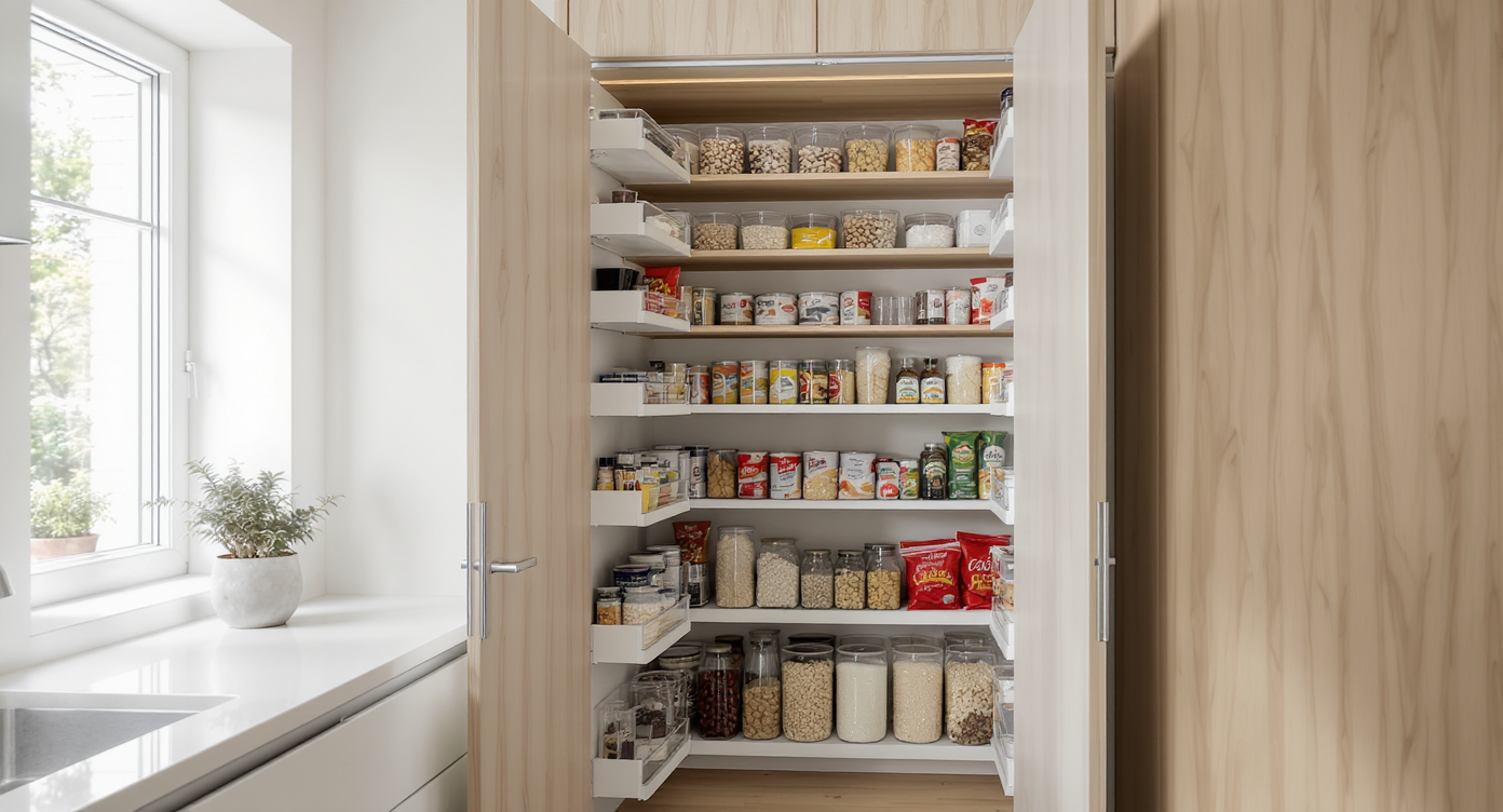 A meticulously organized pantry with grouped clear bins, double-stacked cans, and dedicated shelf zones for improved item visibility.