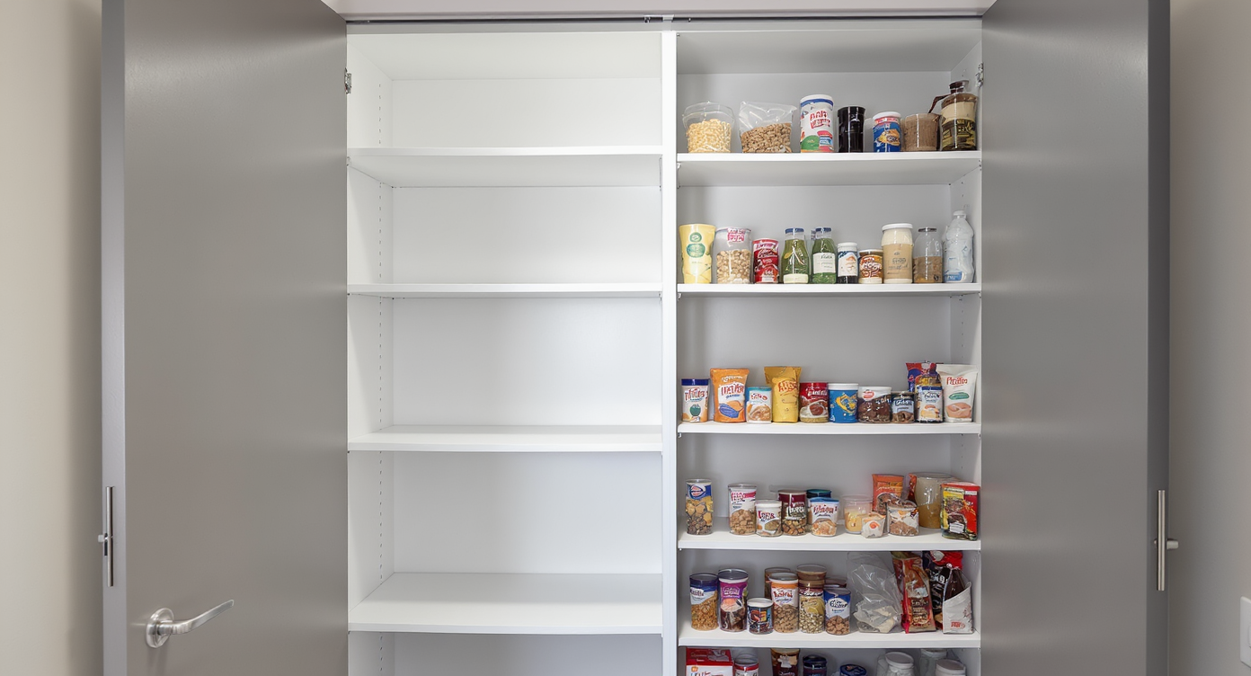 Modern pantry interior showing side-by-side comparison of three wide shelves with unused vertical space versus five optimized shelves fully utilizing the same vertical area.