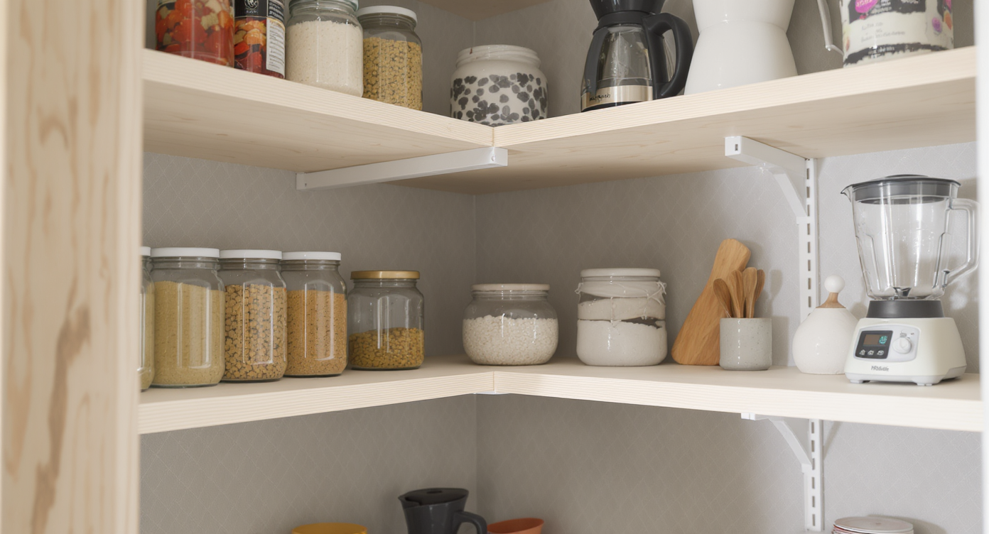 Modern pantry shelving featuring quality plywood, sturdy white supports, and patterned contact paper surfaces, holding heavy kitchen items neatly.