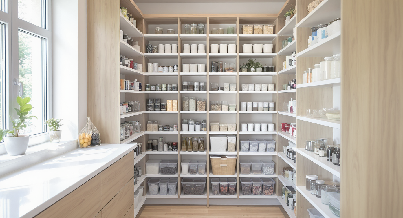 Modern pantry with U-shaped shallow shelves, side shelves holding visible everyday items, center bins for bulk storage, no people present.
