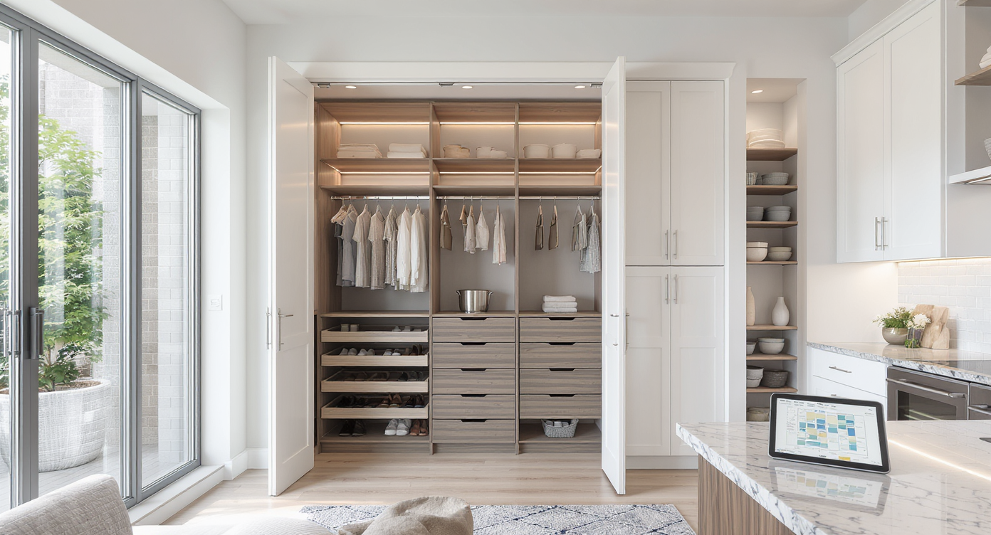 Photorealistic view of connected pantry, walk-in closet, and laundry spaces with custom shelves and digital planning tool visible on a tablet.