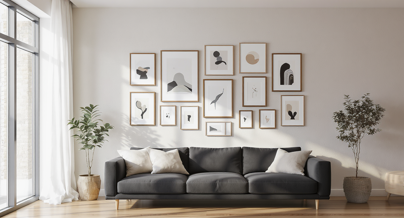 Modern living room featuring a newly arranged gallery wall above a stylish sofa, showcasing how layout styling transforms the space's mood and look.