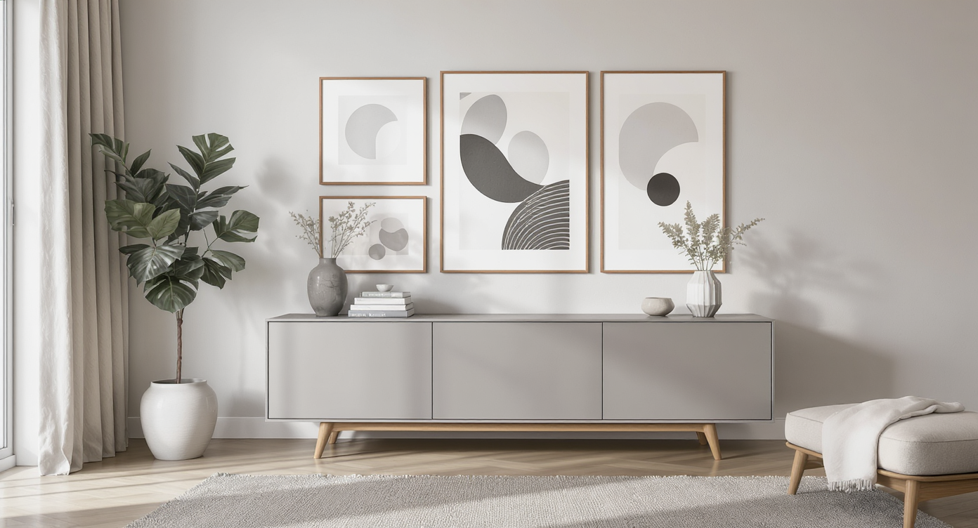 Modern living room gallery wall with well-spaced art, a slim plant stand, and bench under large mirror, illustrating balanced furniture layout.
