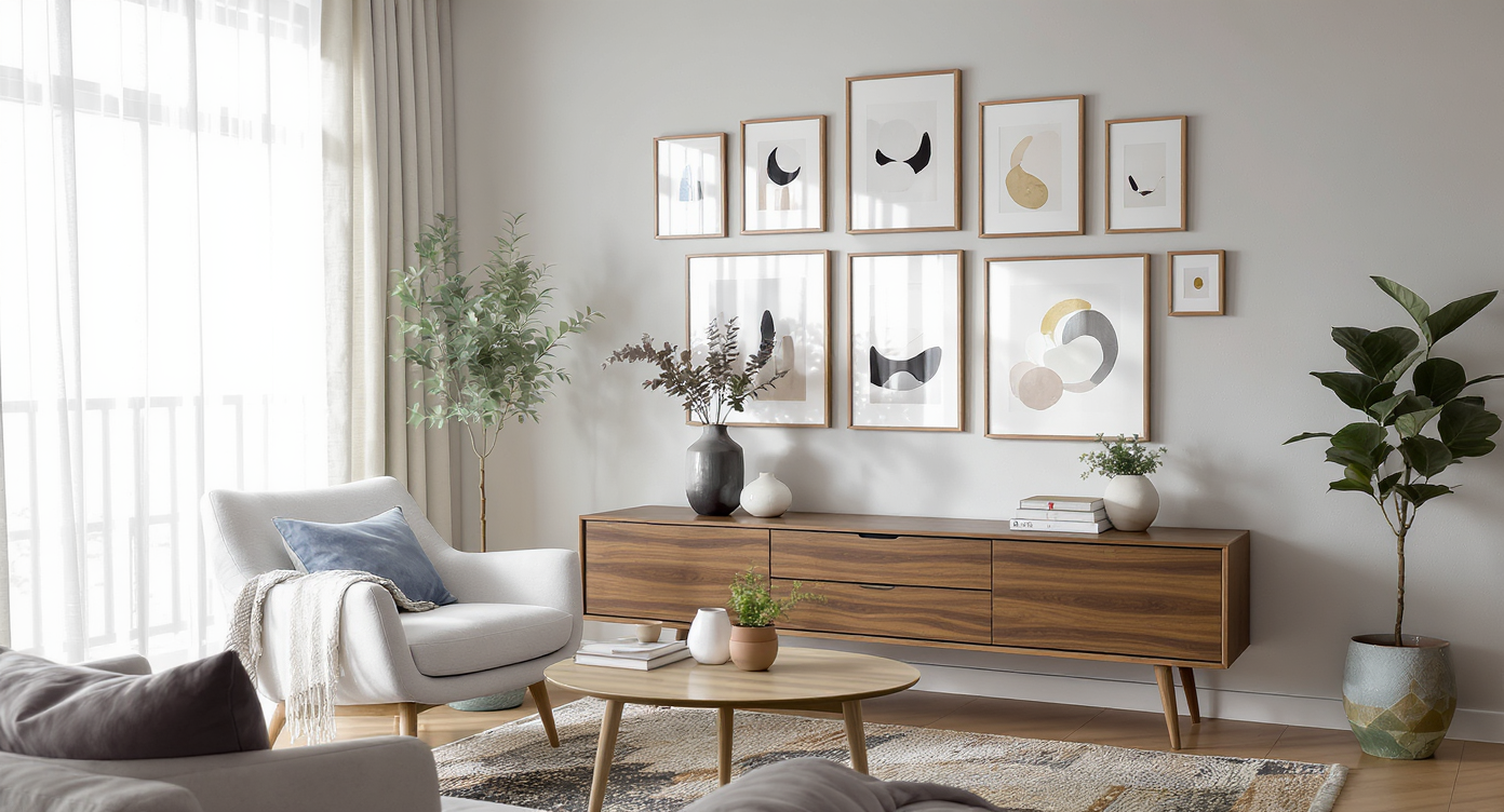 A tastefully styled living room corner featuring an artfully arranged gallery wall, minimalist furnishings, and natural light highlighting spatial harmony.