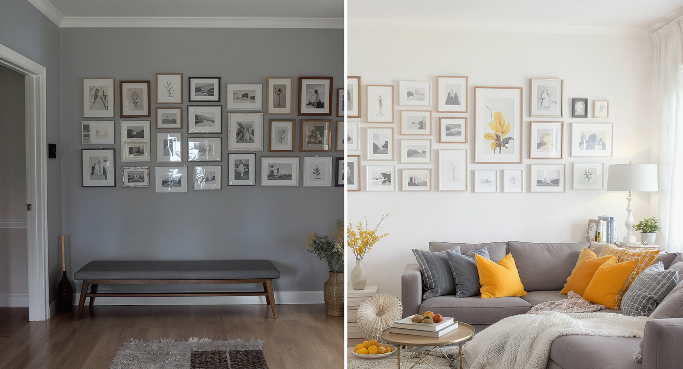 Side-by-side view of a gallery wall: left shows uneven, scattered frames; right displays neatly aligned, unified frames above modern furniture.