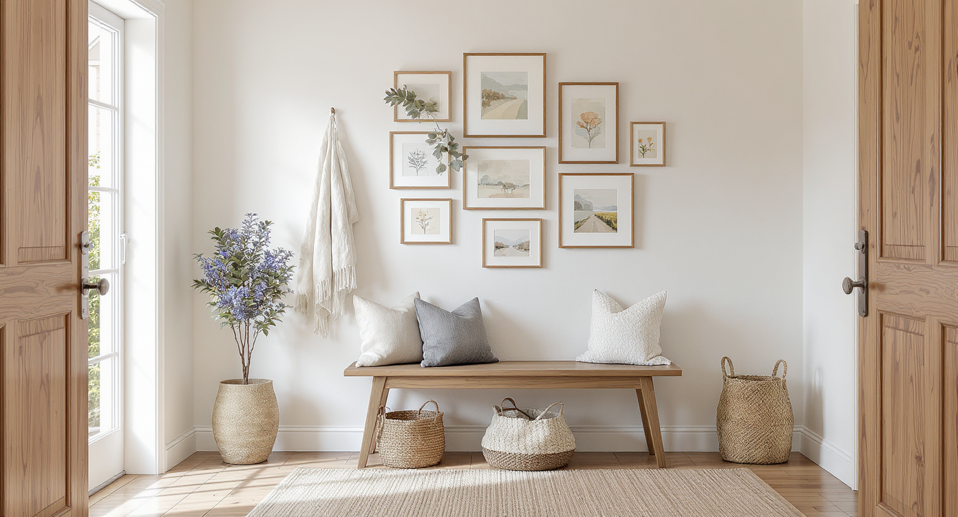 A tidy entryway featuring a neatly arranged gallery wall of diverse artworks above a repositioned wooden bench, creating a welcoming, open space.