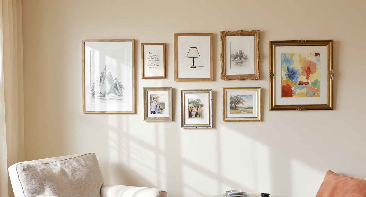A living room gallery wall displays a curated mix of self-made artwork and collected mementos in varied frames, evoking warmth and personal history.