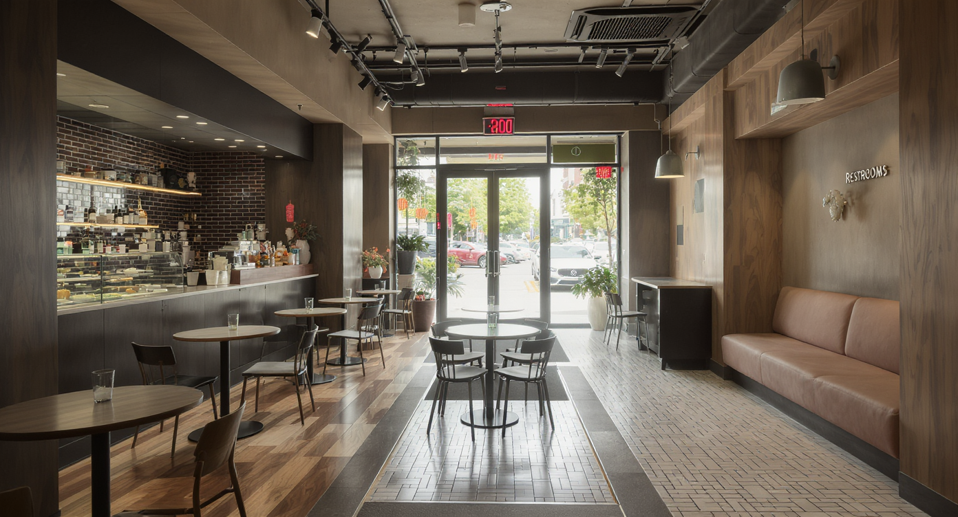 Photorealistic view of a new coffee shop interior with cramped seating and narrow pathways, highlighting potential circulation problems before opening.