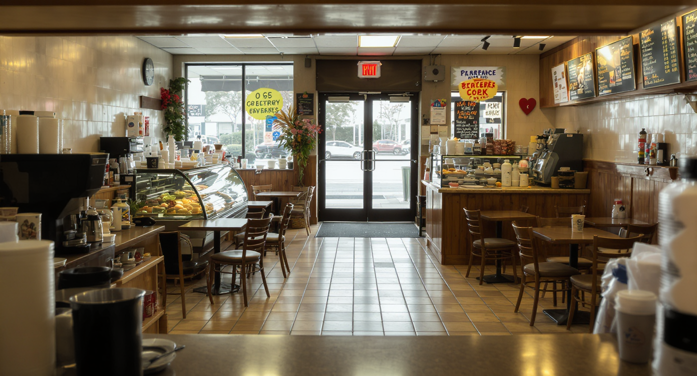 Cramped coffee shop interior with obstructed walkways, poorly placed pickup shelf near entrance, hidden pastry case, and low-hung signs.